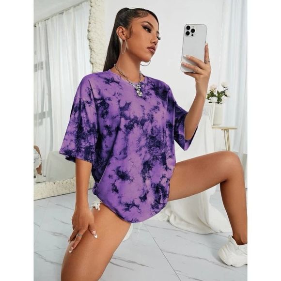 SHEIN Tops - Purple Black Tie Dye Drop Shoulder Tee
